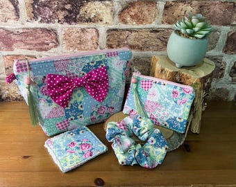 Pastel Patchwork Cosmetic Pouch,  Patchwork Makeup Bag, Zipper Pouch, scrunchie and face scrub.  Patchwork Toiletry Bag. Gift Set for Women.