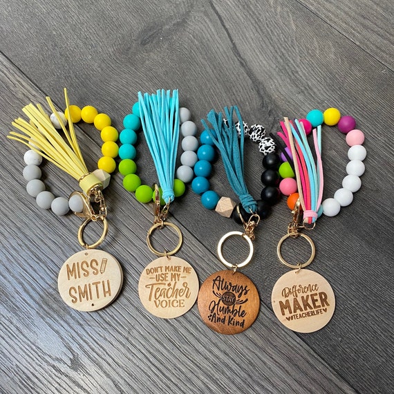 Teachers WOODEN Wristlet Keychain. Stretchy Wooden Bangle Wristlet