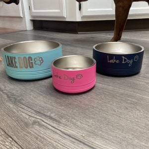 Lake Dog Bowl. Stainless Steel Engraved Dog Dish. Insulated Pet Food Bowl.