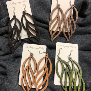 Wooden Leaf Dangle Earrings. Stained Birch Wood Laser Cut.