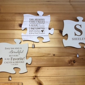 Personalized Puzzle Wall Plaques. Engraved Puzzle Wall Decor. Initial Last Name Collage.
