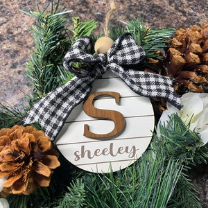 Personalized Ornament. Shiplap Name Ornament. Wooden Monogram Christmas Ornament. Rustic Farmhouse Ornament. Round Engraved Ornament.