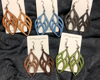 Wooden Teardrop Dangle Earrings. Stained Birch Wood Laser Cut.