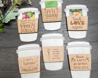 Engraved Wooden Coffee Cup Gift Card Holder: Teacher Appreciation