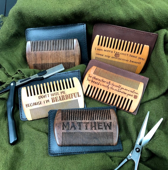 Personalized Wooden Beard Comb with Leather Sleeve: Engraved Gift