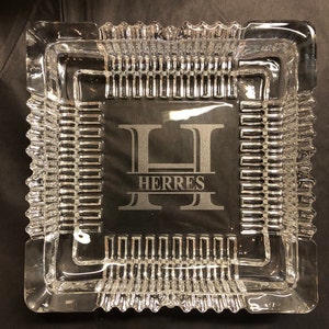 Personalized Initial Glass Ashtray. Groomsman Ashtray. Engraved Cigar/Cigarette Ashtray.