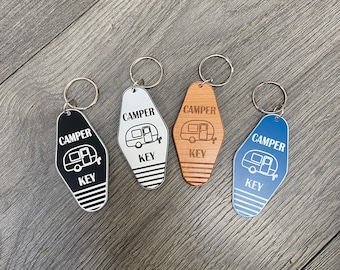 Camper Hotel Keychain. Retro Camper Keychain. Engraved Campground Keychain. Key Holder.