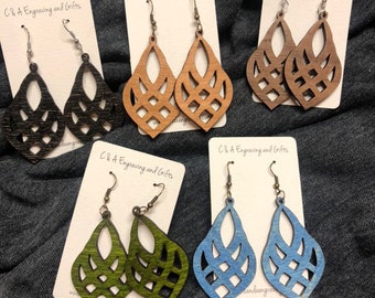 Wooden Mesh Teardrop Dangle Earrings. Stained Birch Wood Laser Cut.