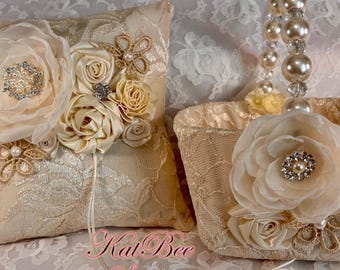 Conjunto de cojín para anillos y cesta de flores de encaje color marfil liso