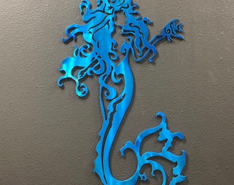 Metal Wall Art Swimming Mermaid Blue 12" x 5" 