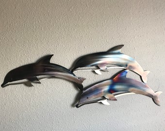 Dolphins L Metal Wall Art Decoration Skilwerx 30x13 Ocean Nautical Marine Sea Life Beach House