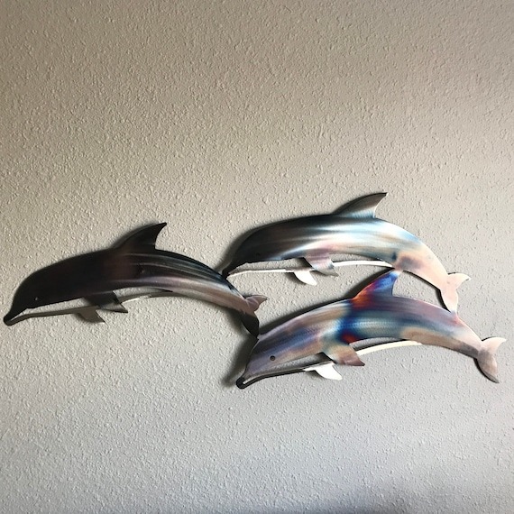 Dolphins L Metal Wall Art Decoration Skilwerx 30x13 Ocean Etsy