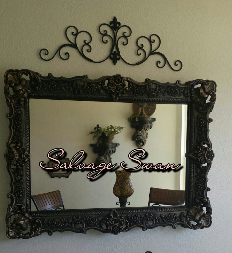 Baroque Mirror Hand Painted Large Hanging Vintage Ornate Black And Gold