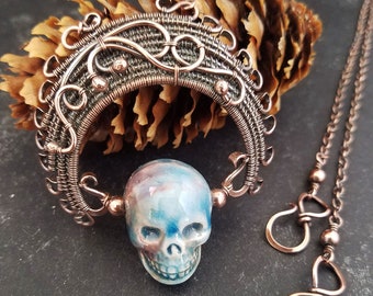 Long Tribal Skull Necklace Featuring a Peruvian Ceramic Skull in a Handwoven Copper Headdress Embellished with Decorative Wire Applique