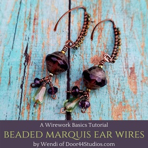 May include: A pair of beaded marquise ear wires with a copper wire design. The earrings feature a dark brown and gray marquise bead with a copper wire wrapped around it. The copper wire is adorned with small copper beads and green and purple glass beads.