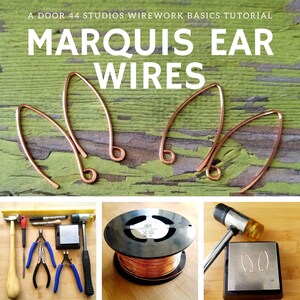 May include: A close-up of copper wire ear wires, also known as marquis ear wires, on a green wooden surface. The wire is coiled on a spool and there are tools for making jewelry, including a hammer, pliers, and a metal block.