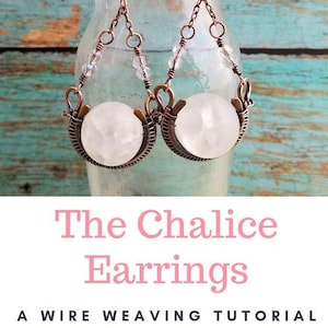 May include: Copper wire earrings with a white chalice-shaped pendant and crystal beads. The earrings are displayed in a glass bottle. The image also includes a logo for Door 44 Studios.