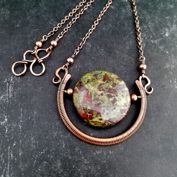 Copper Wire Weave Statement Necklace - The Egyptian Sun Pendant featuring a Dragon Blood Jasper Focal Stone