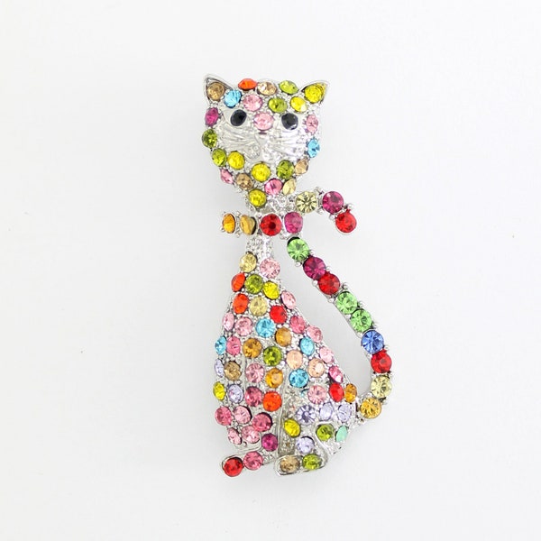 Cat Brooch Rainbow Crystal Colorful Rhinestone Cats Broach Pin Cat Brooches Boho Jewelry Gifts