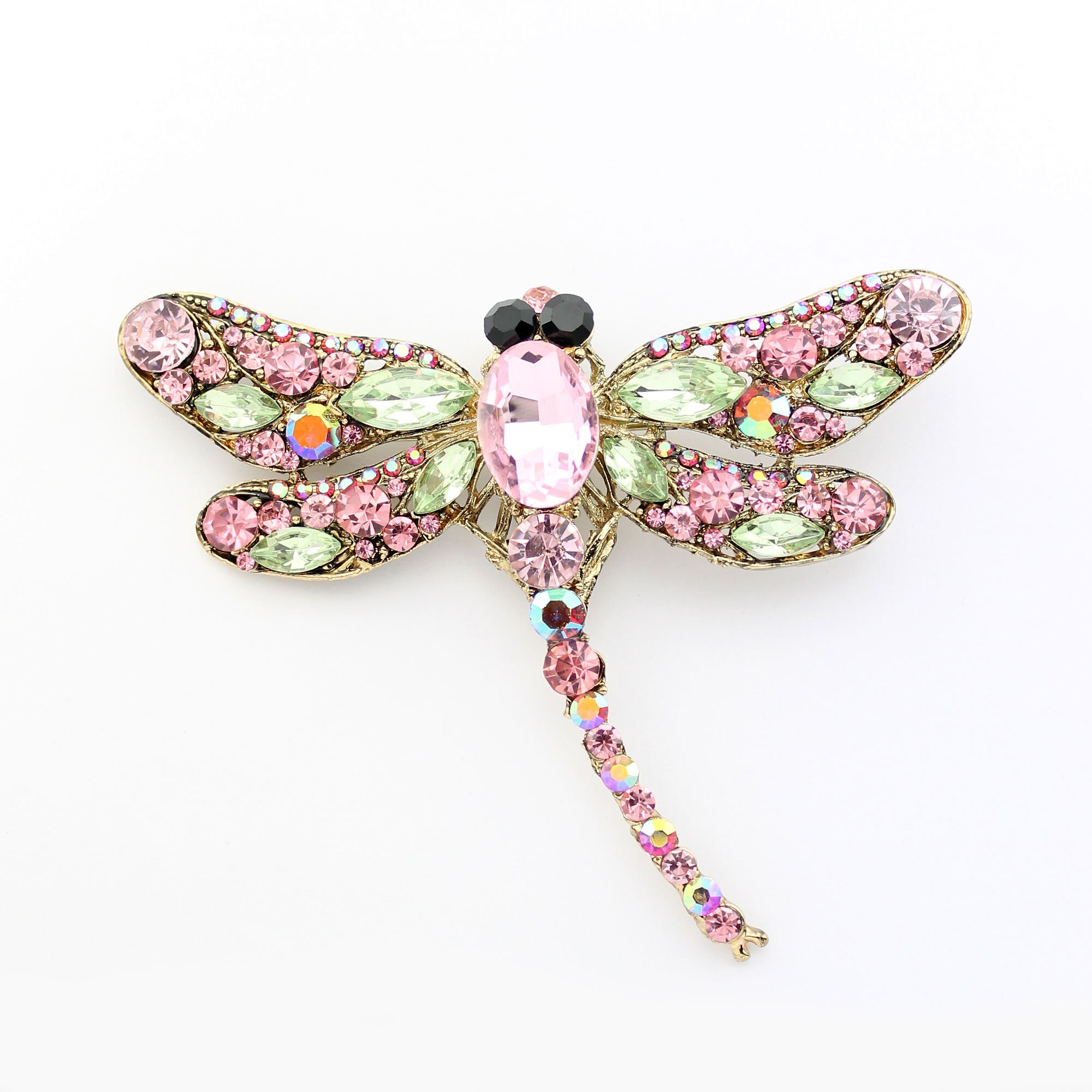 Pink Dragonfly Brooch Gold Dragonflies Green Crystals AB Etsy