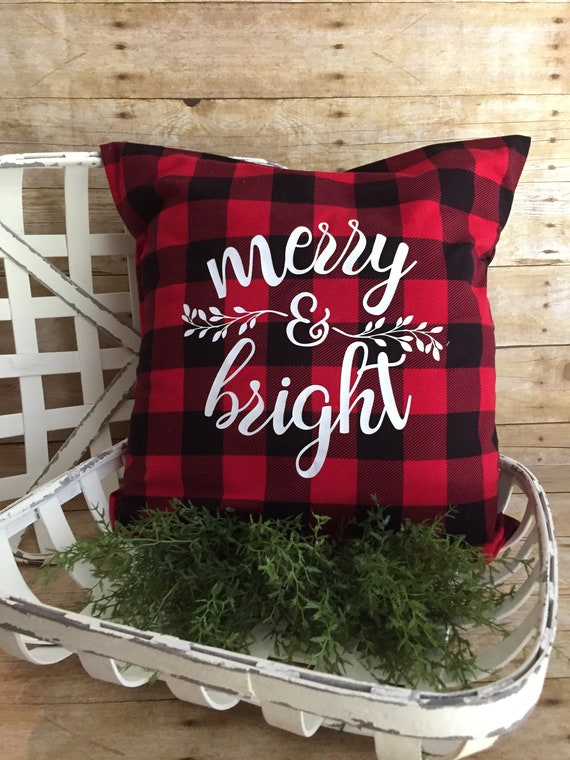 Merry And Bright Christmas Throw Pillow Cover Holiday Decor Etsy