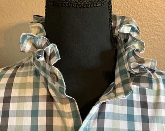 Ruffle Collar Button Down, Medium, Green Gray and White Plaid Ruffled Collar, Upcycled Dress Shirt, Ruffle Collar Upcycle