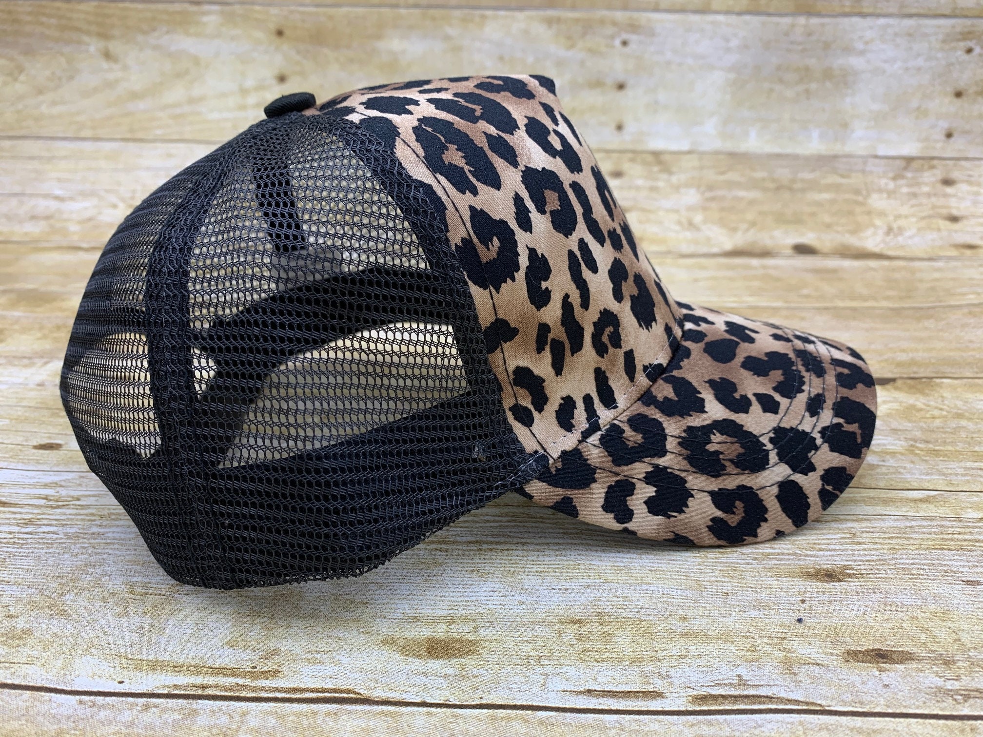 Leopard Print Ponytail Cap Hook Loop Closure Mesh Back Y2K Chic White Front Leopard Magna Pony® Mesh Foam Trucker Hat  main image 3