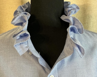 Ruffle Collar Button Down, Blue Oxford, Upcycled Dress Shirt, 2XL