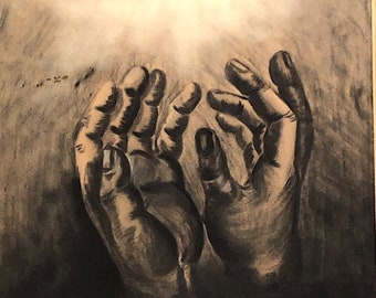 Haunting Charcoal Drawing of Hands Reaching from the Depths - Vintage Unusual Artwork - Mystery Artist - Signed - Wall Hanging