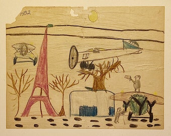 John Beauchamp Child Drawing from 1932 - Rare Depression Era Artwork - Listed Artist - Eiffel Tower - World War Planes  Folk Art