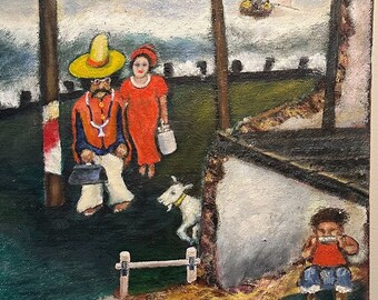 Mid Century Mexican Folk Art Painting of Rural Doctor in Surreal Scene - Signed Armondo - Mystery Artist - 1950s? - Rare Latino Paintings