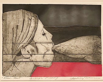 Gravure abstraite moderne de Jeffrey Dunn intitulée « Kiss, Foot » - Epreuve d'artiste rare - Artiste hawaïen répertorié - Oeuvre d'art provocatrice des années 1970