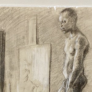 African American Charcoal Drawing from 1970s - Man Standing in Retrospection - 24&quot; x 18&quot; - Rare Vintage Wall Art - Powerful Artistic Vision