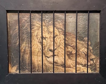 Antique Shop of the Crafters Print of Two Lions at Rest Behind Wood Cage Frame - Early 1900s Gambling Association - Underground Artwork