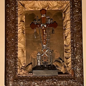 19th Century Indulgences Religious Collage with Dice and Skull Crossbones - Rare Antique 1800s Victorian Catholic Iconography - Exorcism