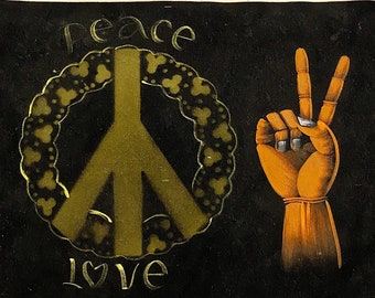 Vintage Vietnam Era Peace Love Velvet Poster - Rare 1960s Hand Painted Protest Posters - Counterculture Artwork - Hippie Culture - Funky