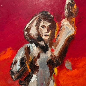 May include: An oil painting on canvas featuring a figure with a raised arm, rendered in thick, textured impasto brushstrokes. The color palette consists of deep crimson, bright orange, white, brown, and black tones, creating a bold, expressive composition.