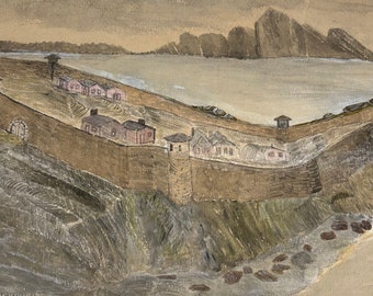 Antique Folk Art Drawing of Fortified City on a Coast - Turn of the Century Artwork - San Antonio Texas Estate - Watercolor and Charcoal