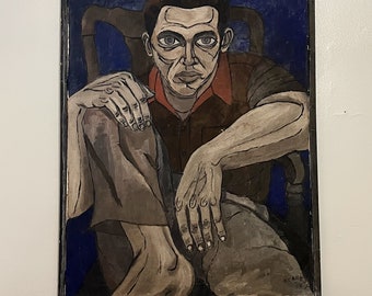 1940s Painting of Mysterious Man in Unusual Pose - 42" x 32" - Antique Oil on Canvas - Signed N. Canedy Dated '48 - Chicago Institute of Art