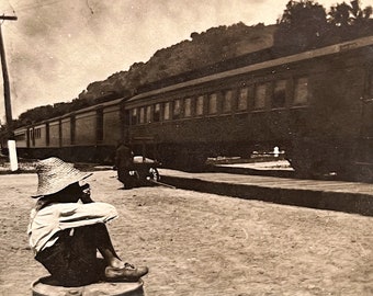 Antique Photograph of African American Boy Playing Harmonica at Railroad Depot - Early 1900s  - 3" x 2" - Rare Photography - Americana