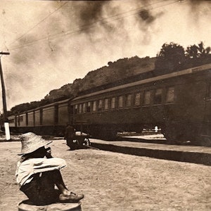 Antique Photograph of African American Boy Playing Harmonica at Railroad Depot Early 1900s 3 x 2 Rare Photography Americana image 1