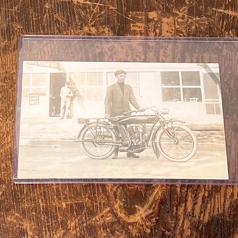 Antique Full View Indian Motorcycle Postcard Rare Unused RPPC Early 1900s Vintage Unusual Photography Mechanics Shop image 2