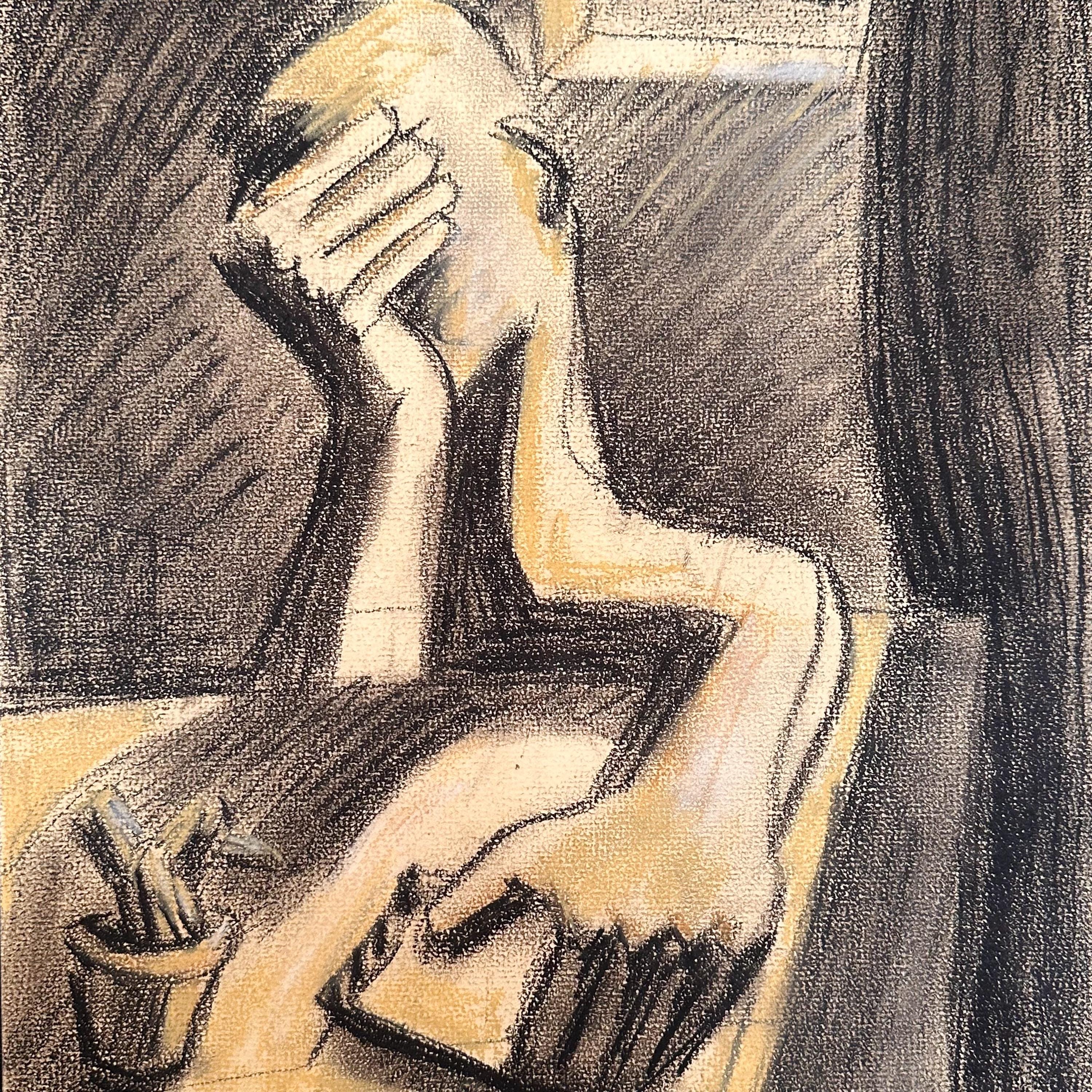 WPA Era Charcoal Drawing of Modernist Figure at Desk - Mystery Artist - Midcentury Artwork- Surreal Cubist Style - Cool Vintage Artwork