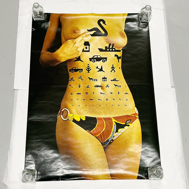 Rare 1970s Danish Poster of Nude Woman with Black Tattoos of Symbols Vintage Posters Sexy Wall Art Unusual Tattoo Artwork image 2