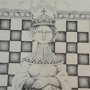 May include: A black and white stippled illustration of a queen wearing a crown and ornate collar. The queen is positioned in front of a checkered background, with a decorative border at the top. The artwork is detailed and intricate.