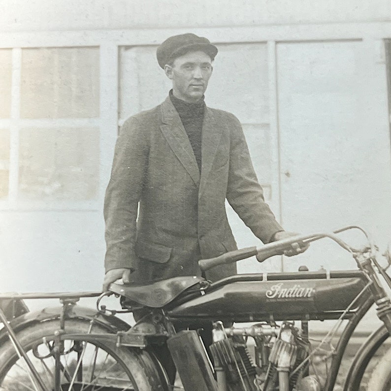 Antique Full View Indian Motorcycle Postcard Rare Unused RPPC Early 1900s Vintage Unusual Photography Mechanics Shop image 4