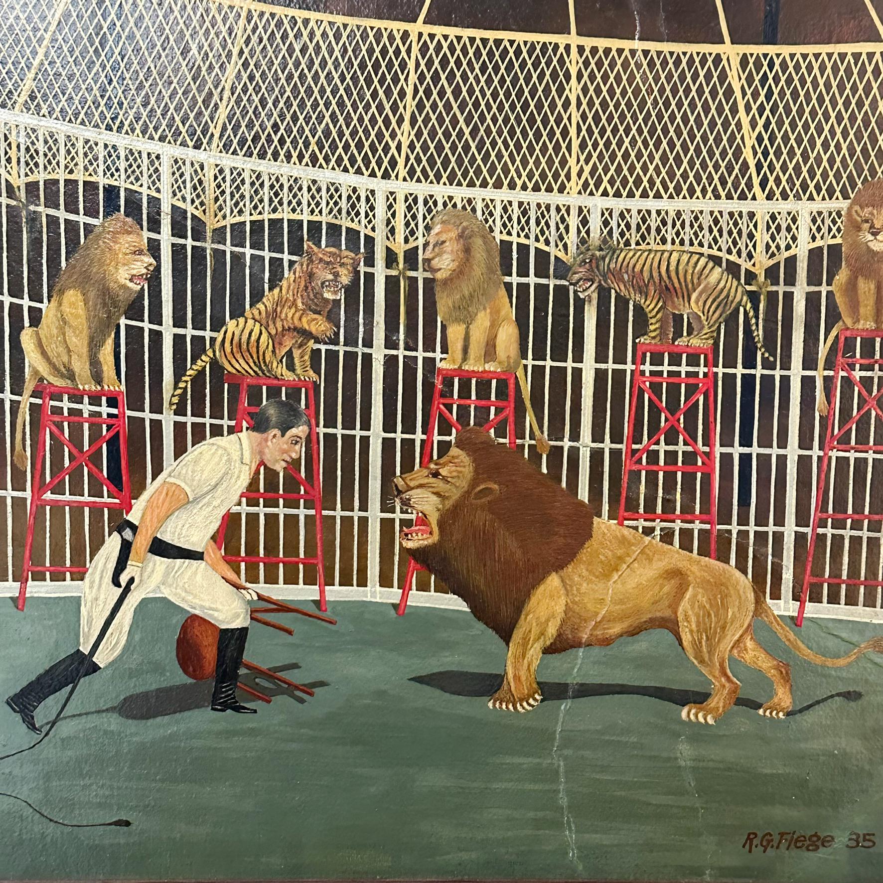 1930s Carnival Painting of Lion Tamer and Lions by Circus