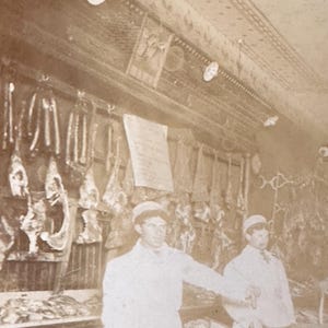 Antique Photograph of Butcher shop with Hanging Meat - Early 1900s - Rare Occupational Sepia Photographs - Old Merchant Shop Photo