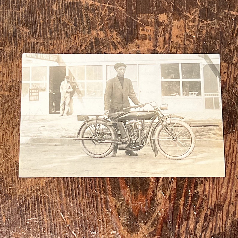 Antique Full View Indian Motorcycle Postcard Rare Unused RPPC Early 1900s Vintage Unusual Photography Mechanics Shop image 3