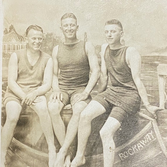 Antique RPPC: 1900s Rockaway Beach Men in Swimsuits - Unusual